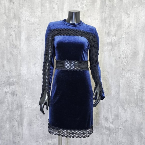 Free Generation LA Womens M Blue Velvet & Black Peekaboo L/S Mockneck Mini Dress - Picture 1 of 9